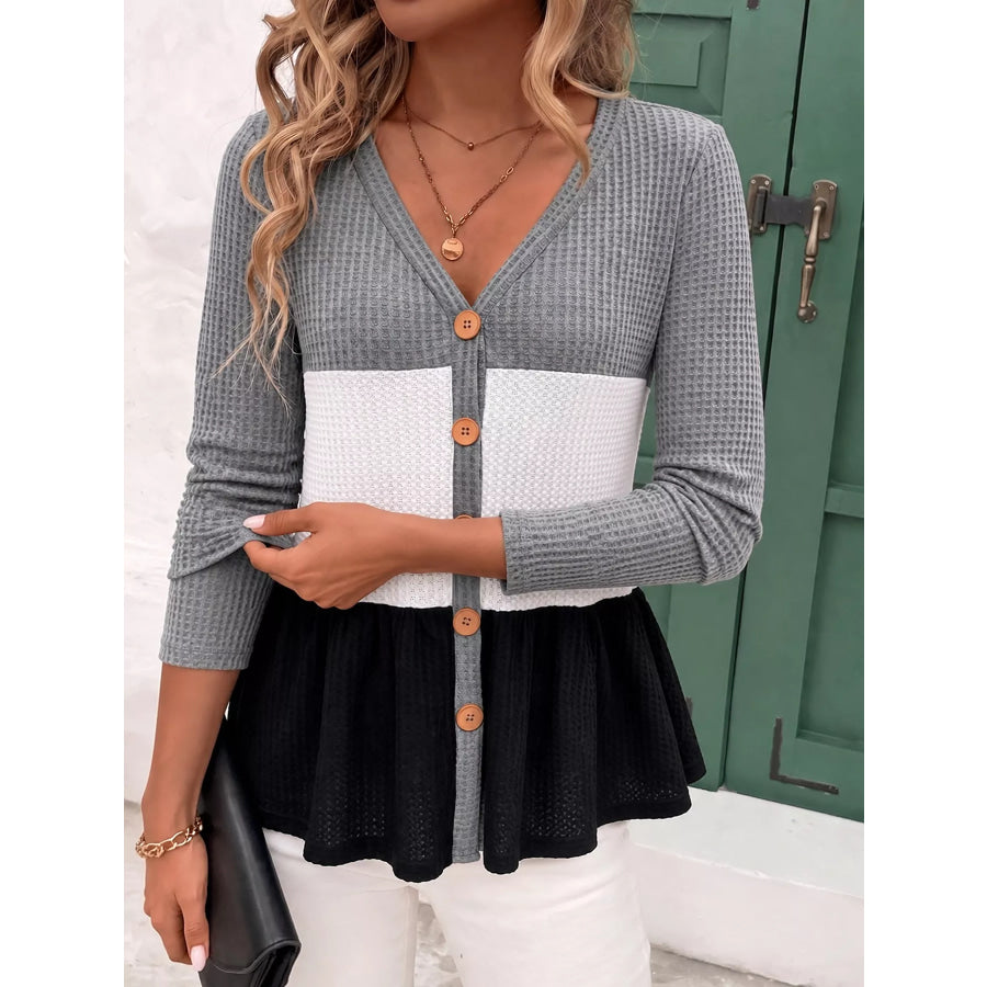 Color Block Waffle Knit Button-Down Cardigan Apparel and Accessories