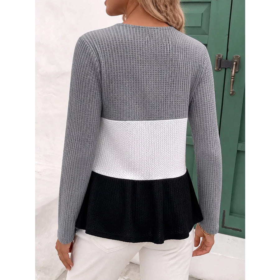 Color Block Waffle Knit Button-Down Cardigan Apparel and Accessories