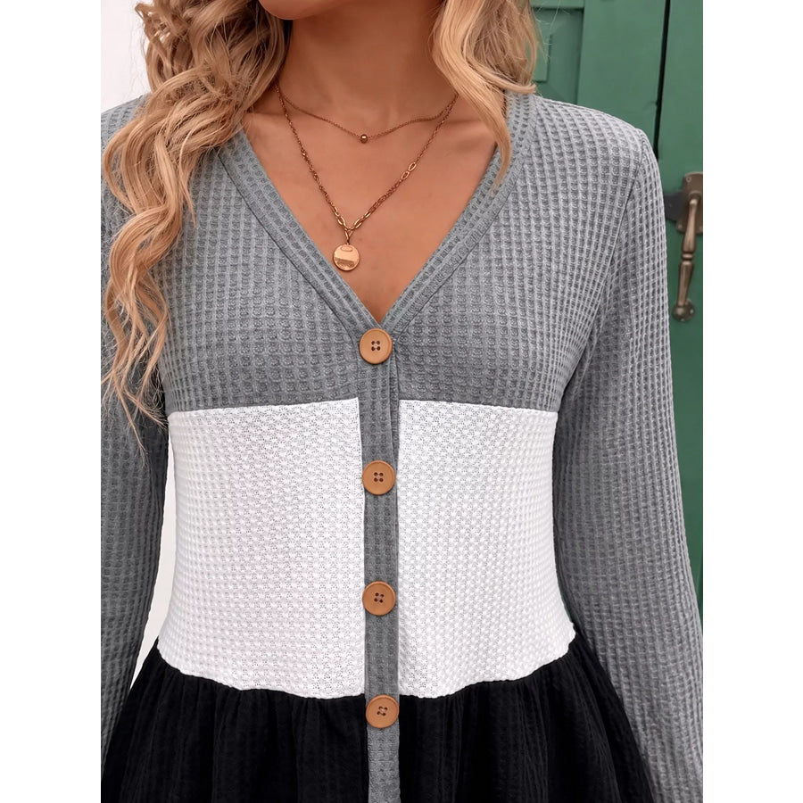 Color Block Waffle Knit Button-Down Cardigan Apparel and Accessories