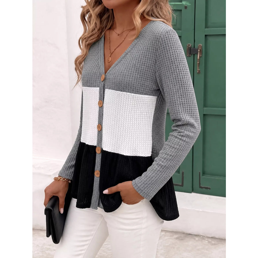 Color Block Waffle Knit Button-Down Cardigan Apparel and Accessories
