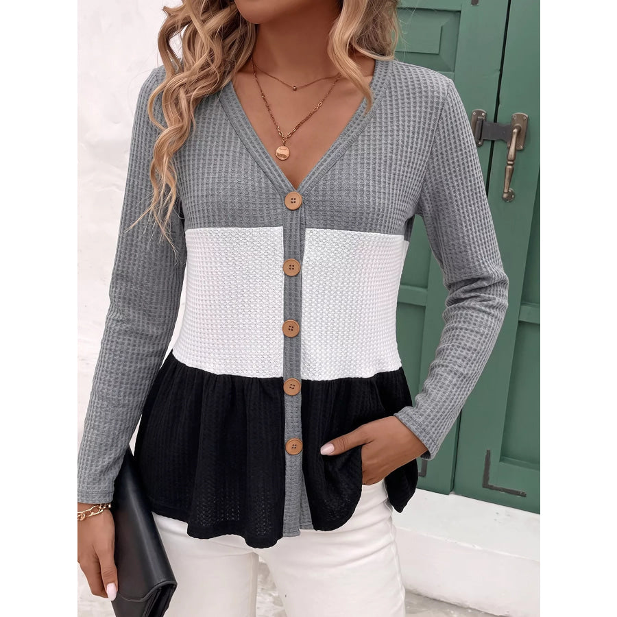 Color Block Waffle Knit Button-Down Cardigan Gray / S Apparel and Accessories