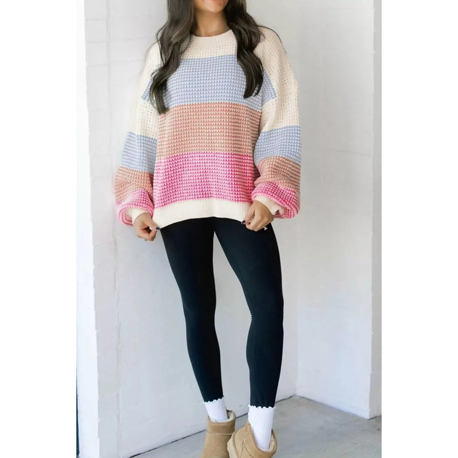 Color Block Waffle Knit Drop Shoulder Round Neck Long Sleeve Sweater Apparel and Accessories