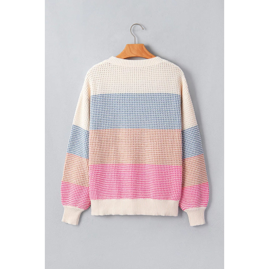 Color Block Waffle Knit Drop Shoulder Round Neck Long Sleeve Sweater Apparel and Accessories