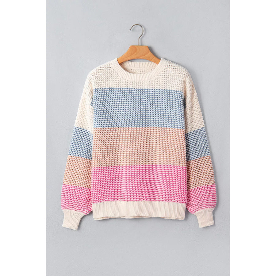 Color Block Waffle Knit Drop Shoulder Round Neck Long Sleeve Sweater Apparel and Accessories