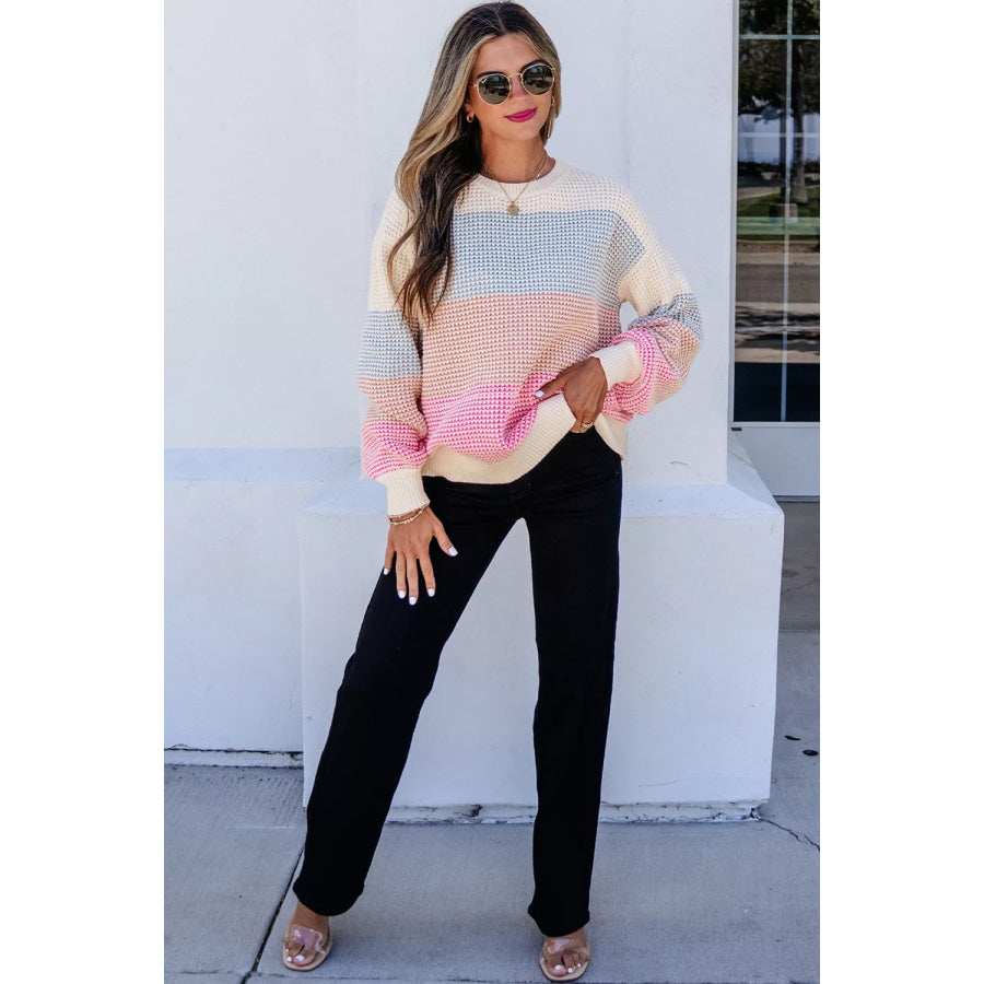 Color Block Waffle Knit Drop Shoulder Round Neck Long Sleeve Sweater Apparel and Accessories