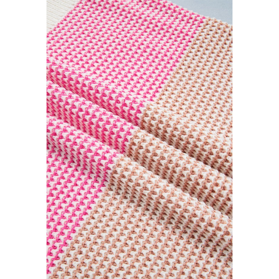 Color Block Waffle Knit Drop Shoulder Round Neck Long Sleeve Sweater Apparel and Accessories