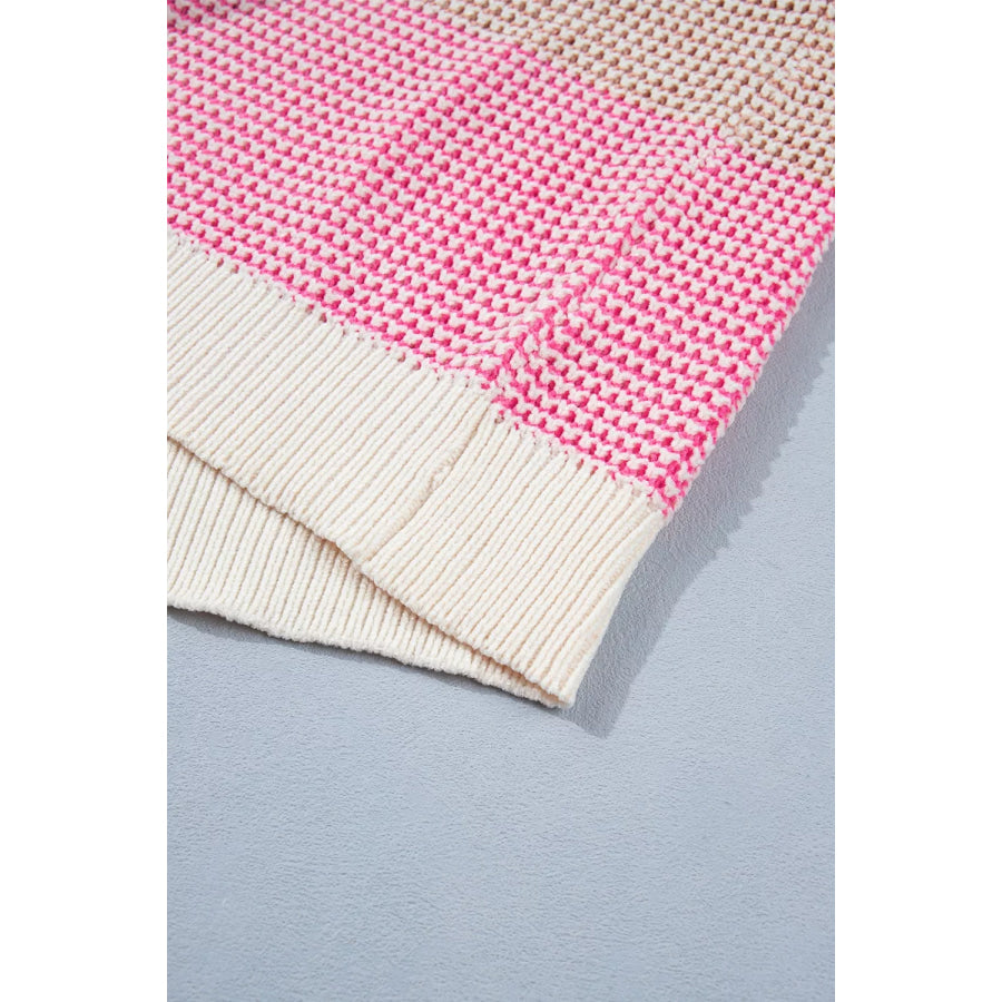 Color Block Waffle Knit Drop Shoulder Round Neck Long Sleeve Sweater Apparel and Accessories