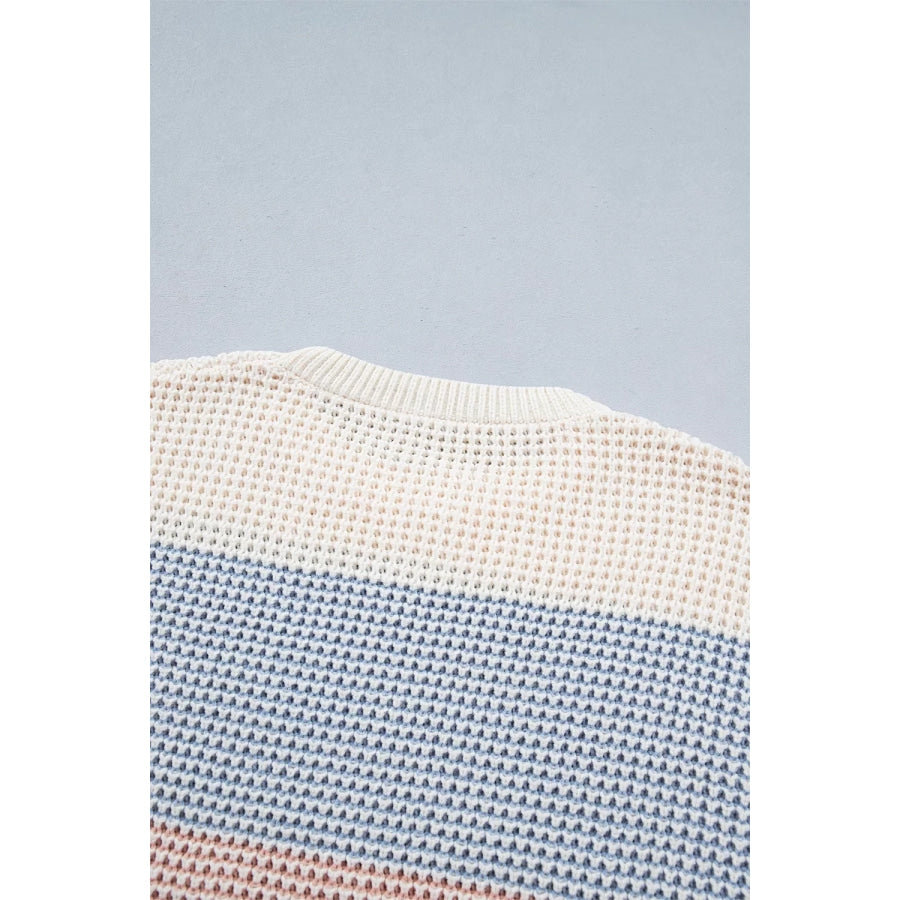 Color Block Waffle Knit Drop Shoulder Round Neck Long Sleeve Sweater Apparel and Accessories