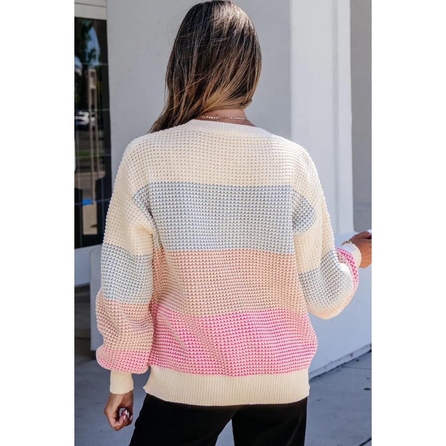 Color Block Waffle Knit Drop Shoulder Round Neck Long Sleeve Sweater Apparel and Accessories