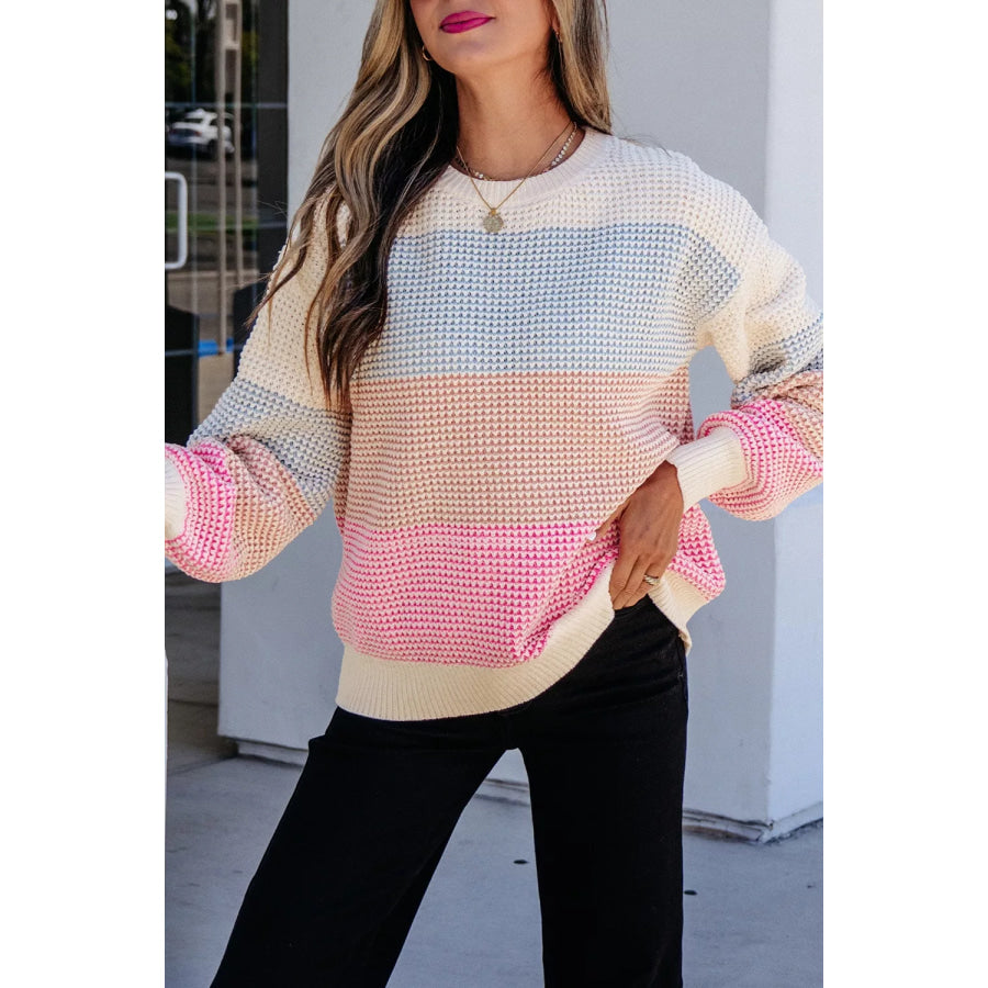 Color Block Waffle Knit Drop Shoulder Round Neck Long Sleeve Sweater Apparel and Accessories
