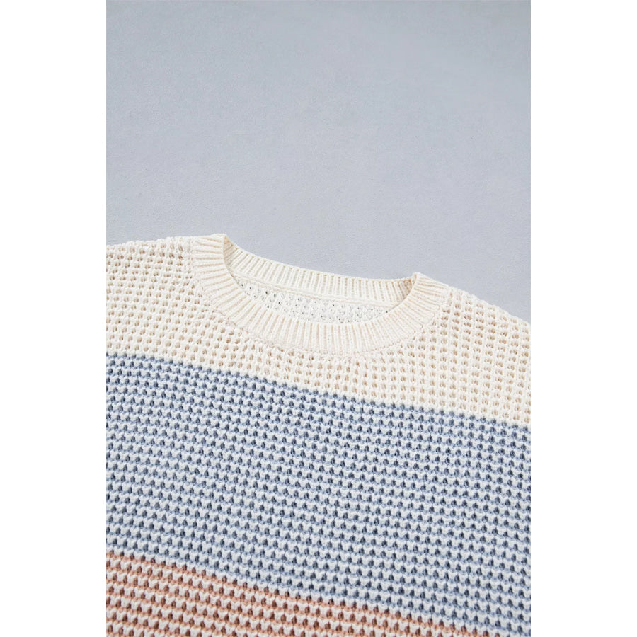 Color Block Waffle Knit Drop Shoulder Round Neck Long Sleeve Sweater Apparel and Accessories