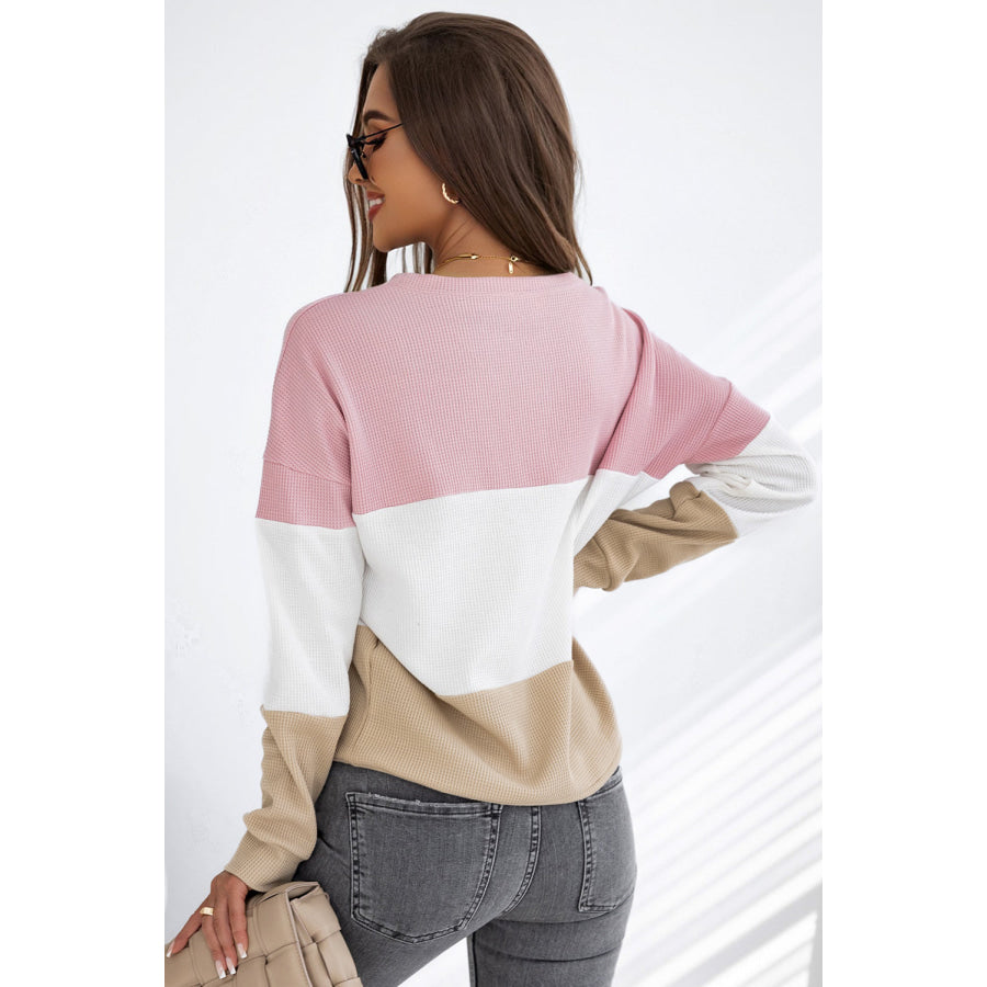 Color Block Waffle Knit Long Sleeve Top Apparel and Accessories