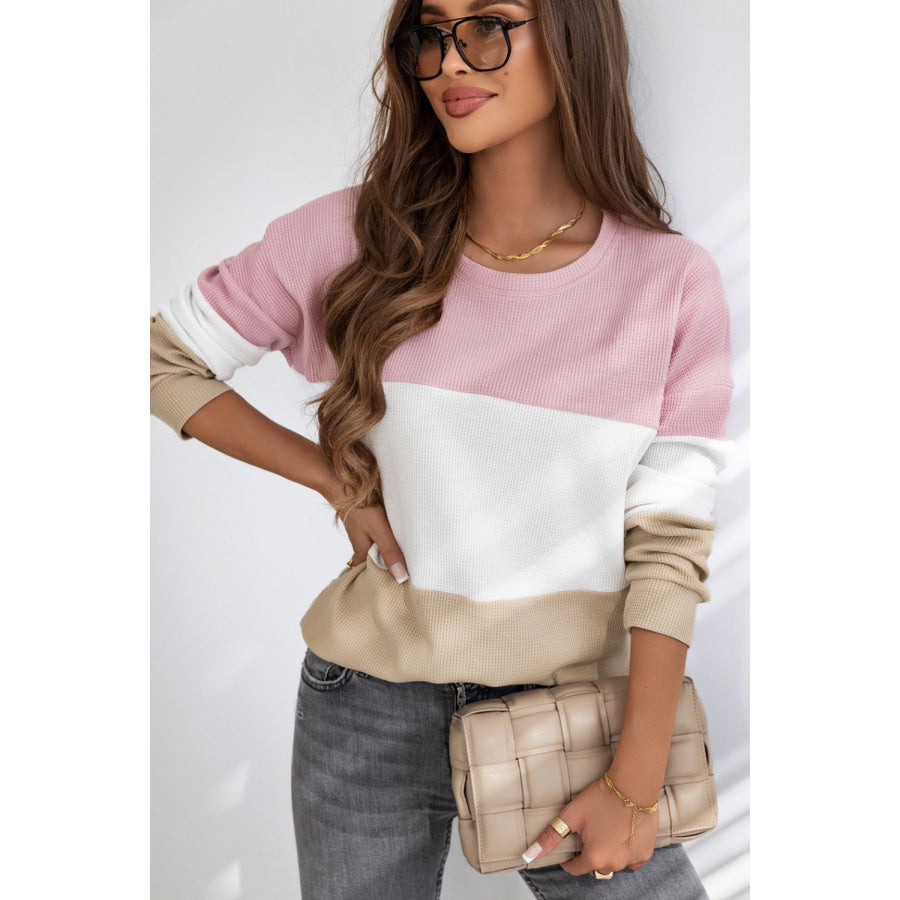 Color Block Waffle Knit Long Sleeve Top Apparel and Accessories