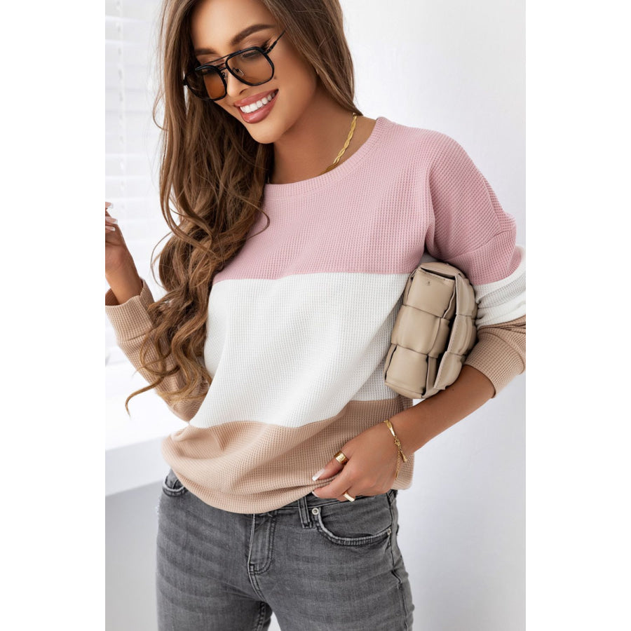 Color Block Waffle Knit Long Sleeve Top Apparel and Accessories