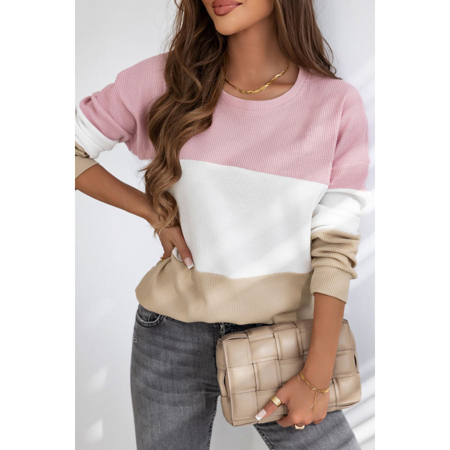 Color Block Waffle Knit Long Sleeve Top Blush Pink / S Apparel and Accessories