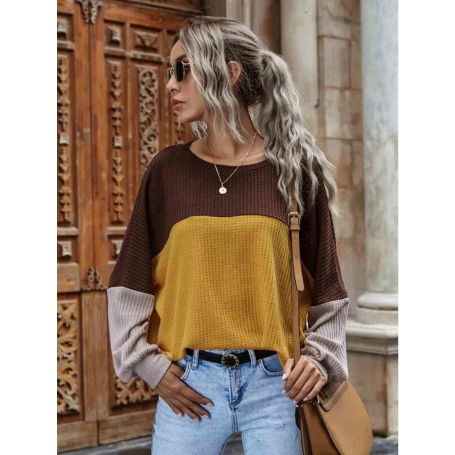 Color Block Waffle-Knit Long Sleeve Top Honey / S