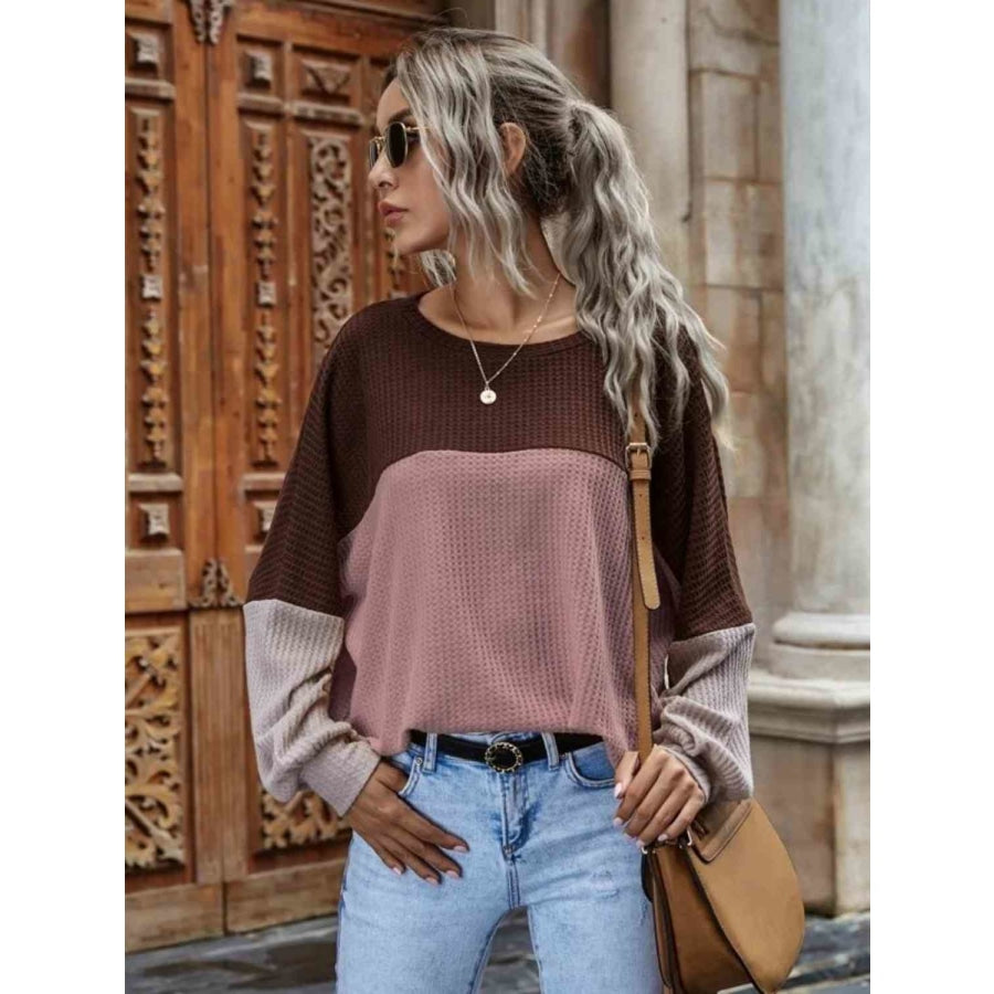 Color Block Waffle-Knit Long Sleeve Top Light Mauve / S