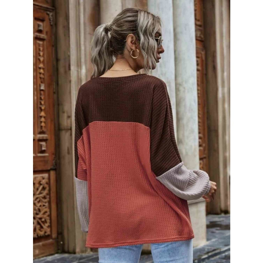 Color Block Waffle-Knit Long Sleeve Top Brick Red / S