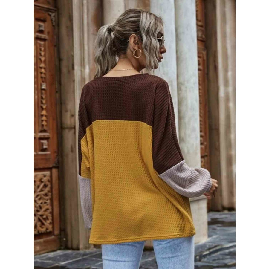 Color Block Waffle-Knit Long Sleeve Top