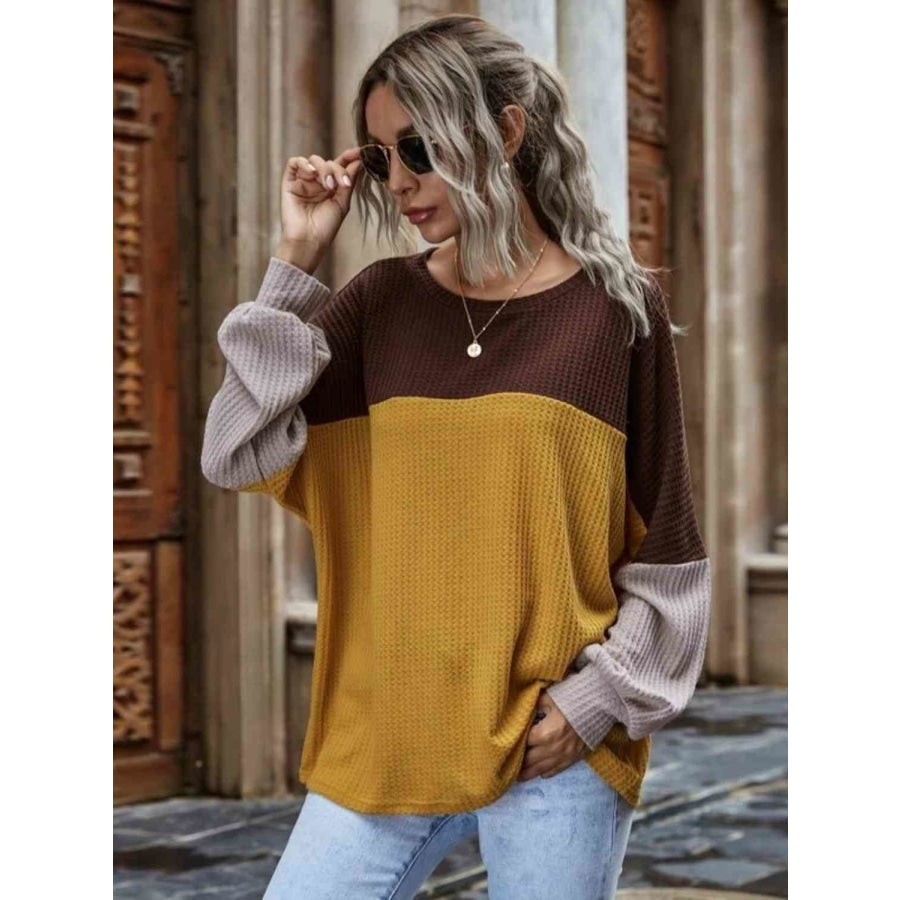 Color Block Waffle-Knit Long Sleeve Top