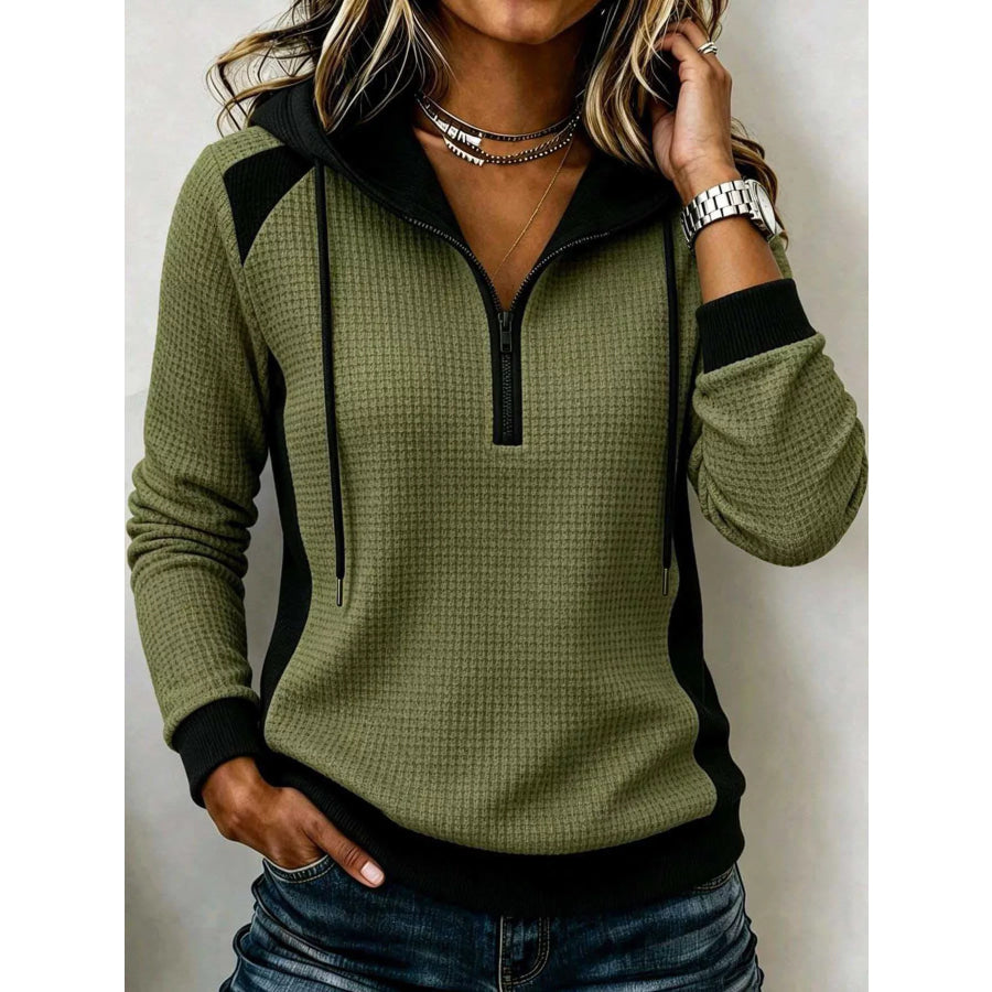 Color-Block Waffle Knit Quarter-Zip Hoodie Army Green / S Apparel and Accessories