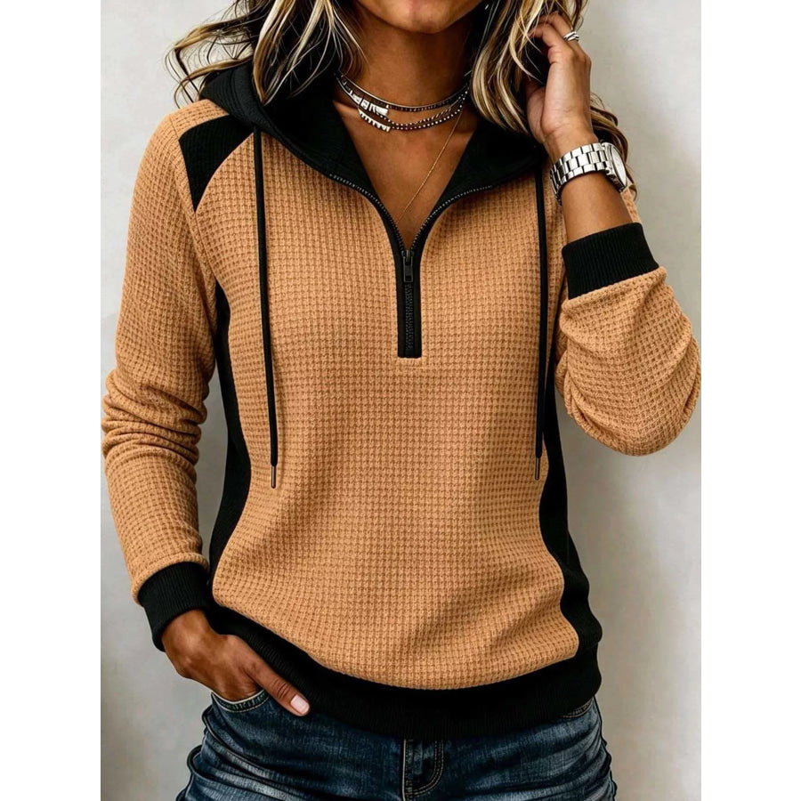 Color-Block Waffle Knit Quarter-Zip Hoodie Camel / S Apparel and Accessories