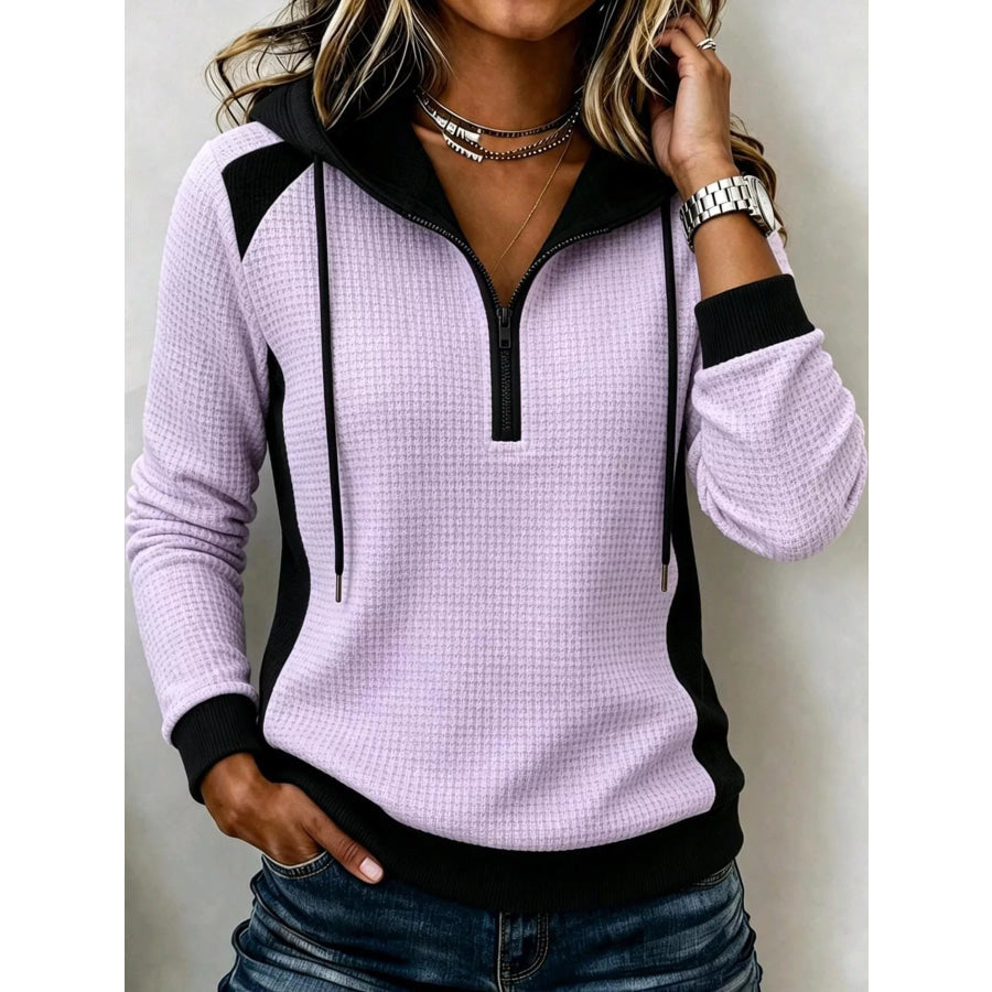 Color-Block Waffle Knit Quarter-Zip Hoodie Light Purple / S Apparel and Accessories