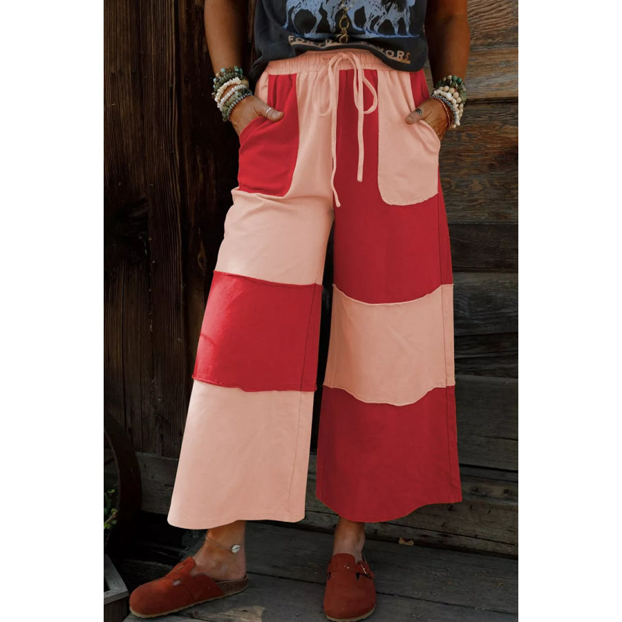 Color-Block Wide-Leg Drawstring Pants Deep Red / S Apparel and Accessories