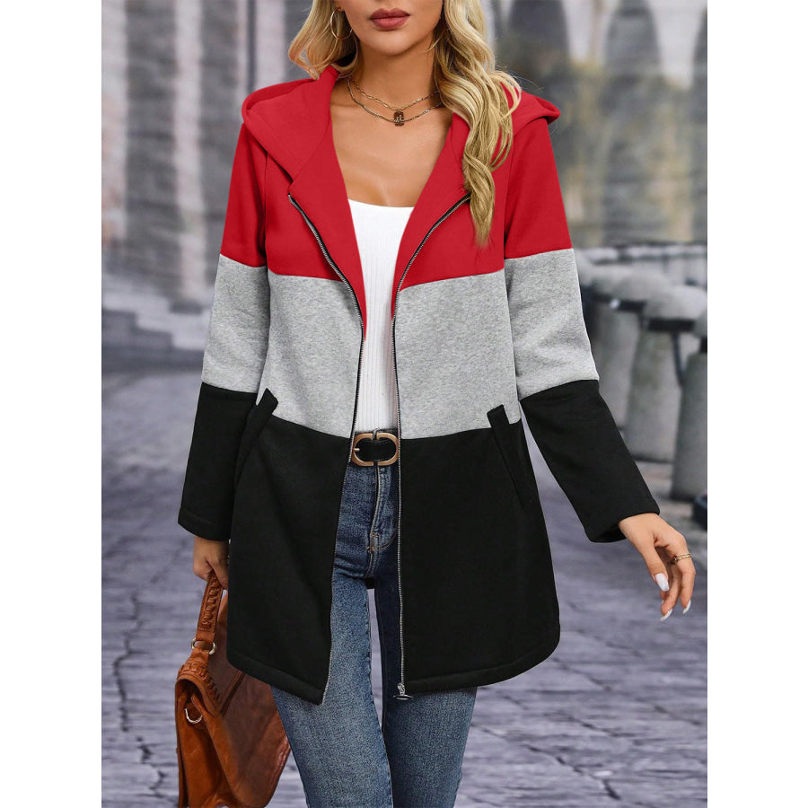 Color Block Zip Up Long Sleeve Hooded Outerwear Apparel and Accessories
