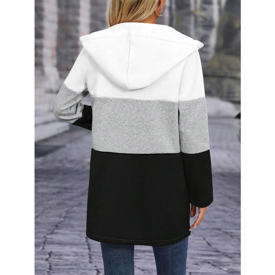 Color Block Zip Up Long Sleeve Hooded Outerwear Apparel and Accessories