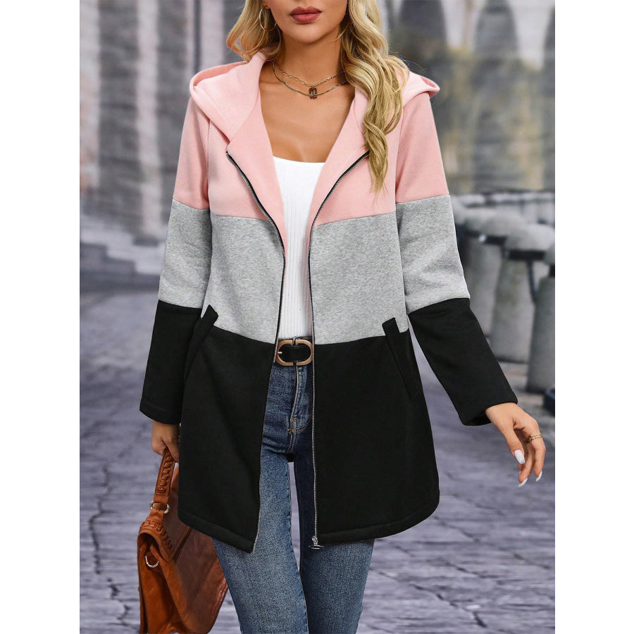 Color Block Zip Up Long Sleeve Hooded Outerwear Apparel and Accessories