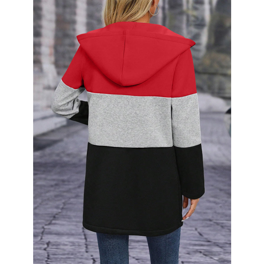 Color Block Zip Up Long Sleeve Hooded Outerwear Deep Red / S Apparel and Accessories