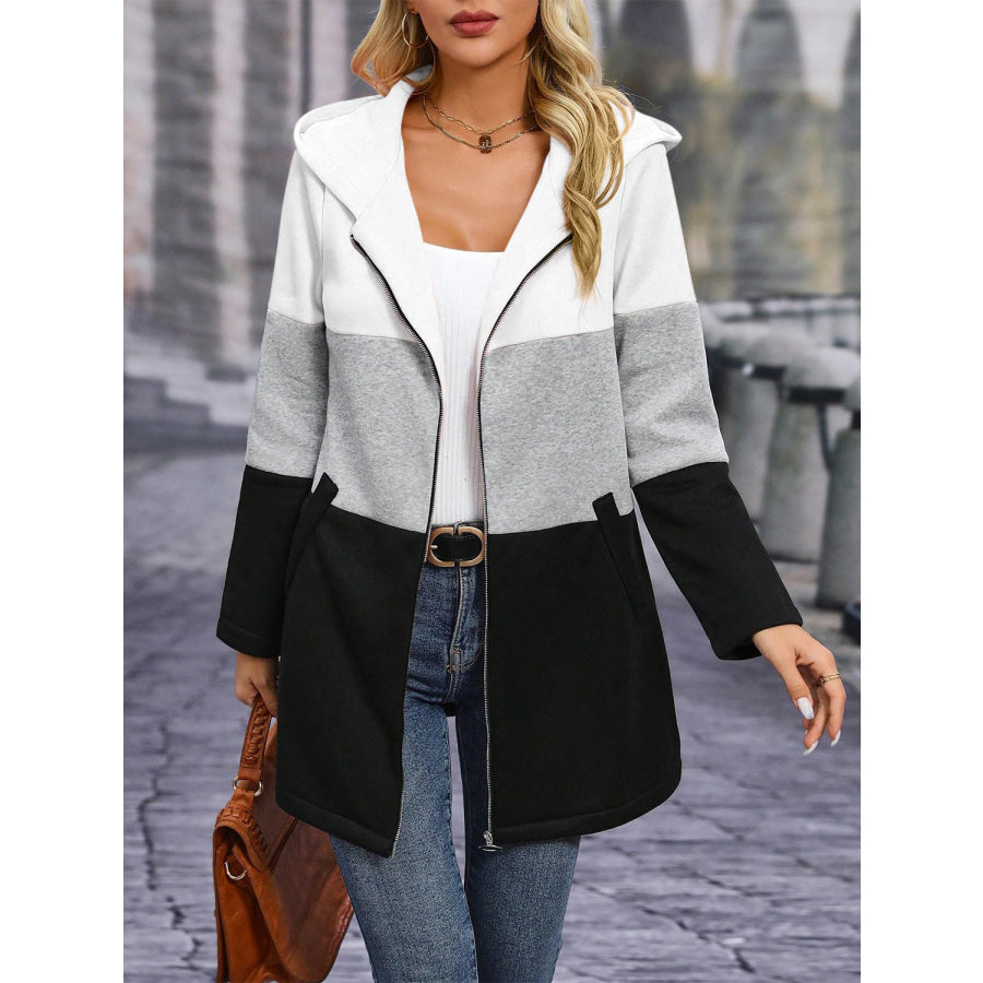Color Block Zip Up Long Sleeve Hooded Outerwear White / S Apparel and Accessories