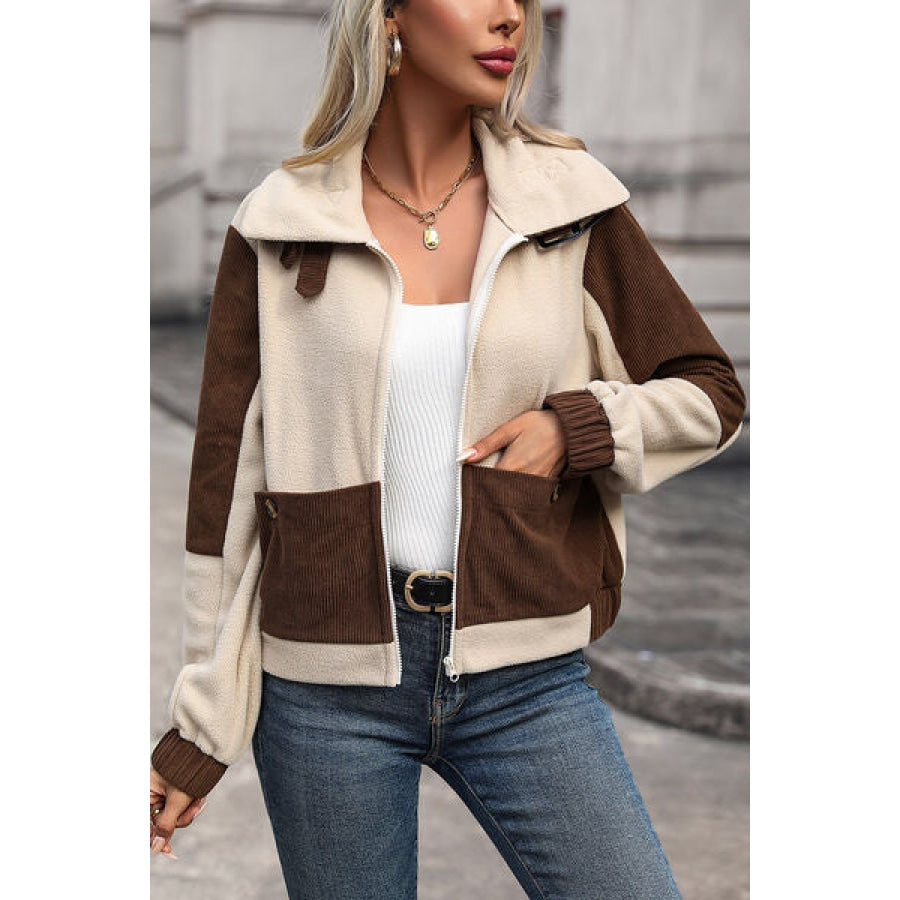 Color Block Zip Up Pocketed Jacket Chocolate / S Clothing