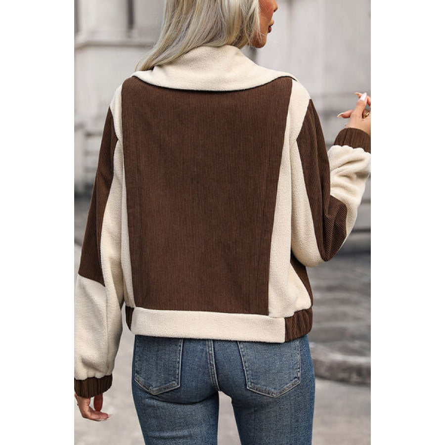 Color Block Zip Up Pocketed Jacket Chocolate / S Clothing