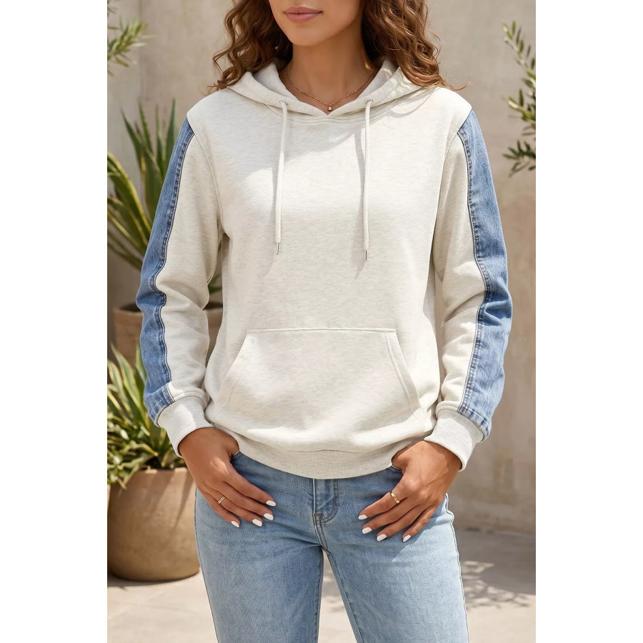 Colorblock Denim Sleeve Tunic Pullover Hoodie Light Gray / S Apparel and Accessories