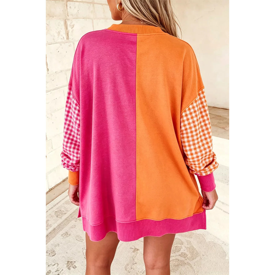 Colorblock Gingham Sleeve Crewneck Sweatshirt Apparel and Accessories