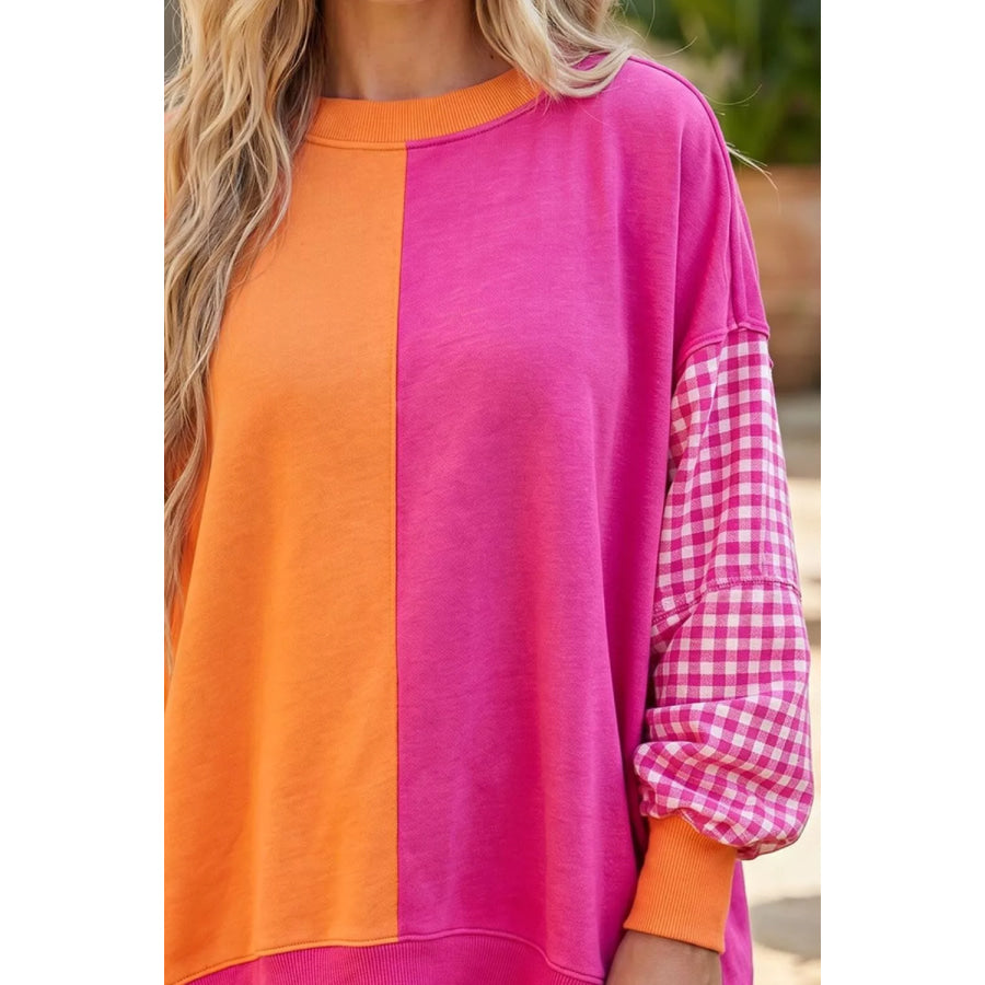 Colorblock Gingham Sleeve Crewneck Sweatshirt Apparel and Accessories