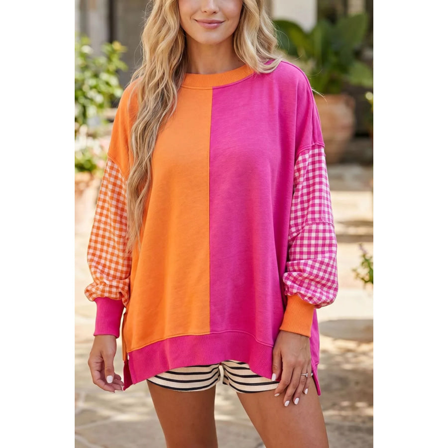 Colorblock Gingham Sleeve Crewneck Sweatshirt Apparel and Accessories