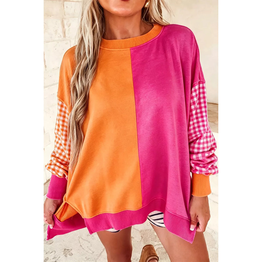 Colorblock Gingham Sleeve Crewneck Sweatshirt Multicolor / S Apparel and Accessories