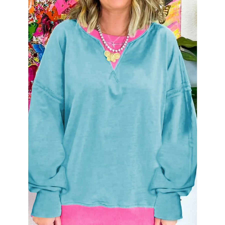 Colorblock Patchwork Crew Neck Loose Sweatshirt Teal / S Apparel and Accessories