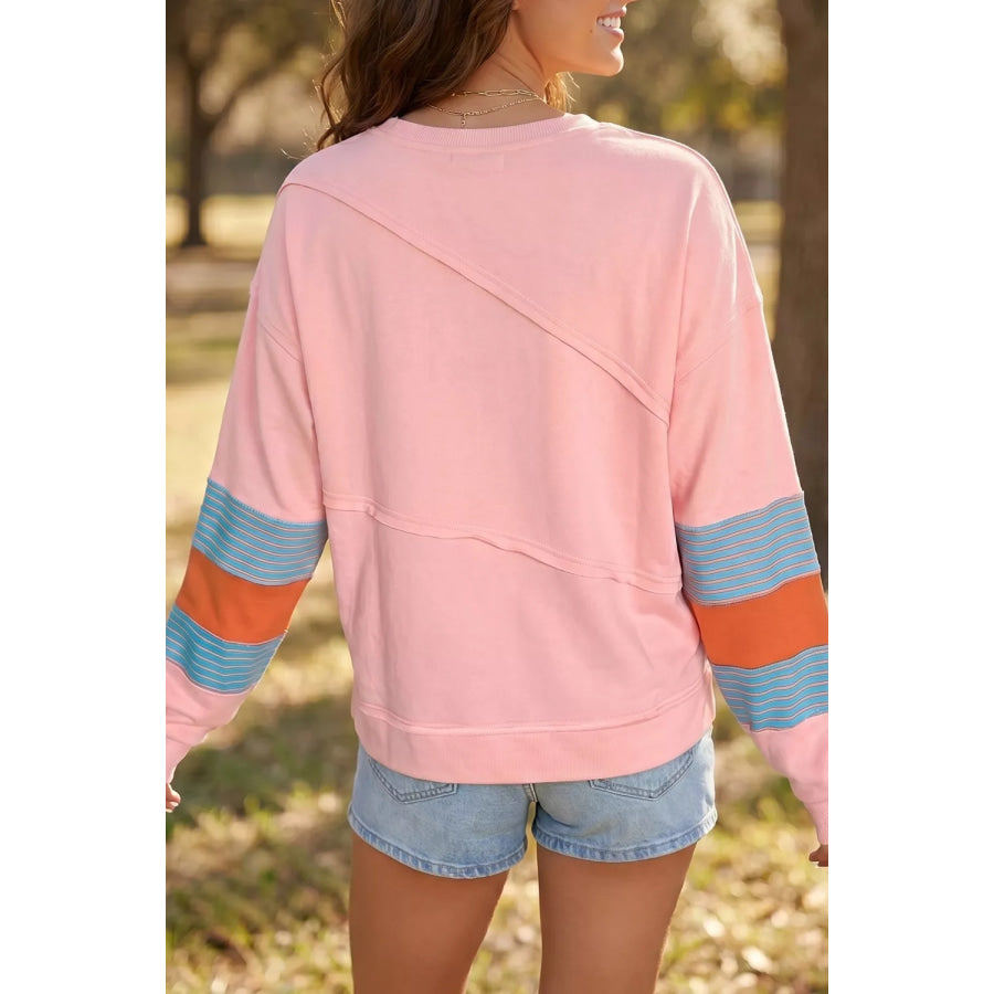 Colorblock Striped Patchwork Long Sleeve Round Neck Blouse Apparel and Accessories