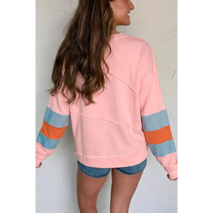 Colorblock Striped Patchwork Long Sleeve Round Neck Blouse Apparel and Accessories