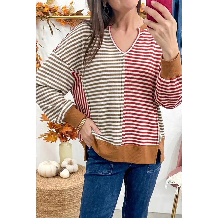 Colorblock Striped V-Neck Top Multicolor / S Apparel and Accessories