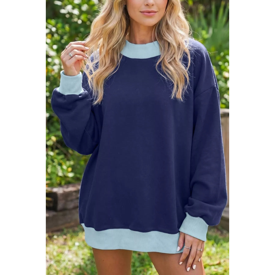 Colorblock Trim Crewneck Long Sleeve Pullover Sweatshirt Dark Navy / S Apparel and Accessories