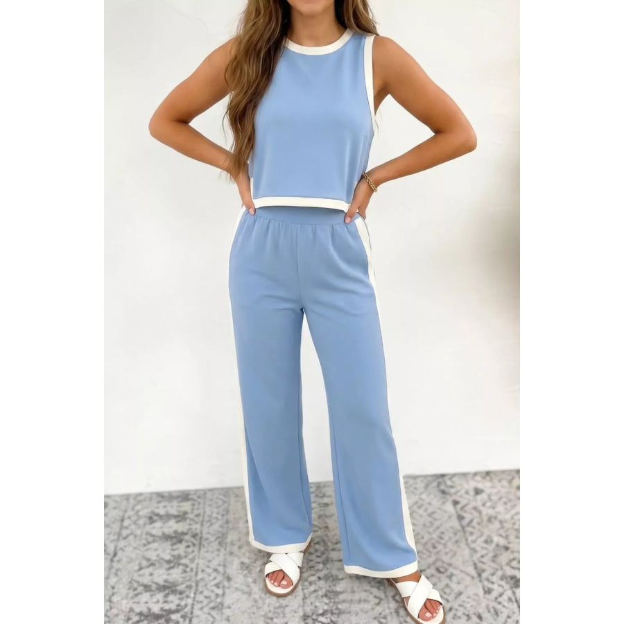 Colorblock Trim Cropped Tank Elastic Waist Shift Pants 2pcs Set Apparel and Accessories