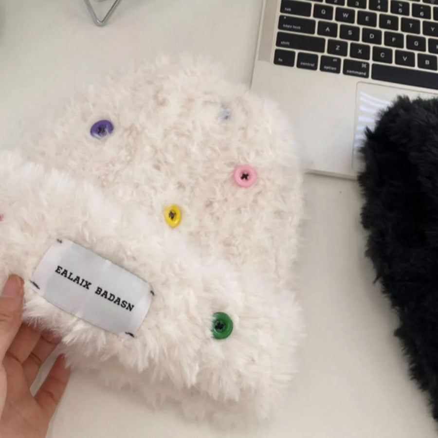 Colorful Buttons Decor Plush Beanie Hat Beige White / One Size Apparel and Accessories