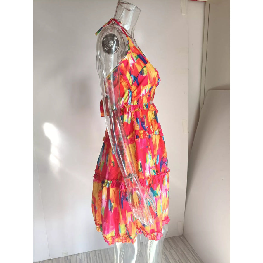 Colorful Print Halter Neck Ruffle Mini Dress Apparel and Accessories