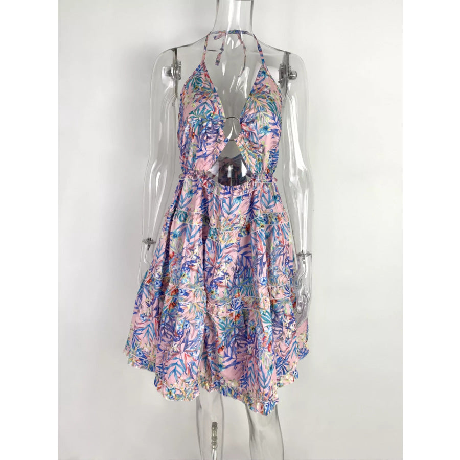 Colorful Print Halter Neck Ruffle Mini Dress Apparel and Accessories