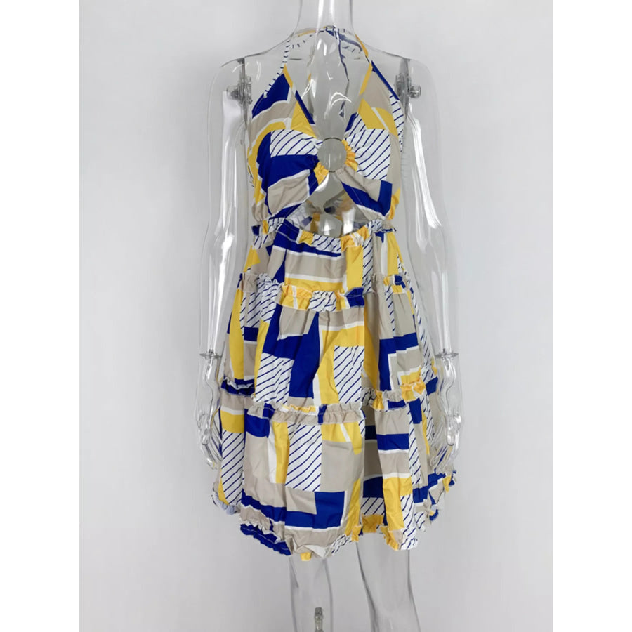Colorful Print Halter Neck Ruffle Mini Dress Apparel and Accessories